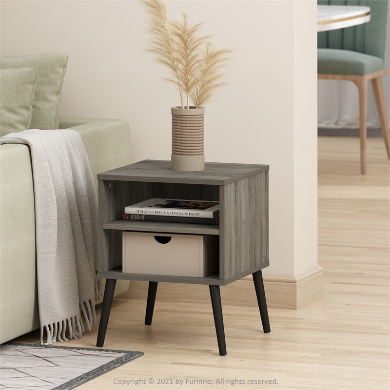 Furinno Claude Mid Century Style End Table with Wood Legs in French Oak Grey