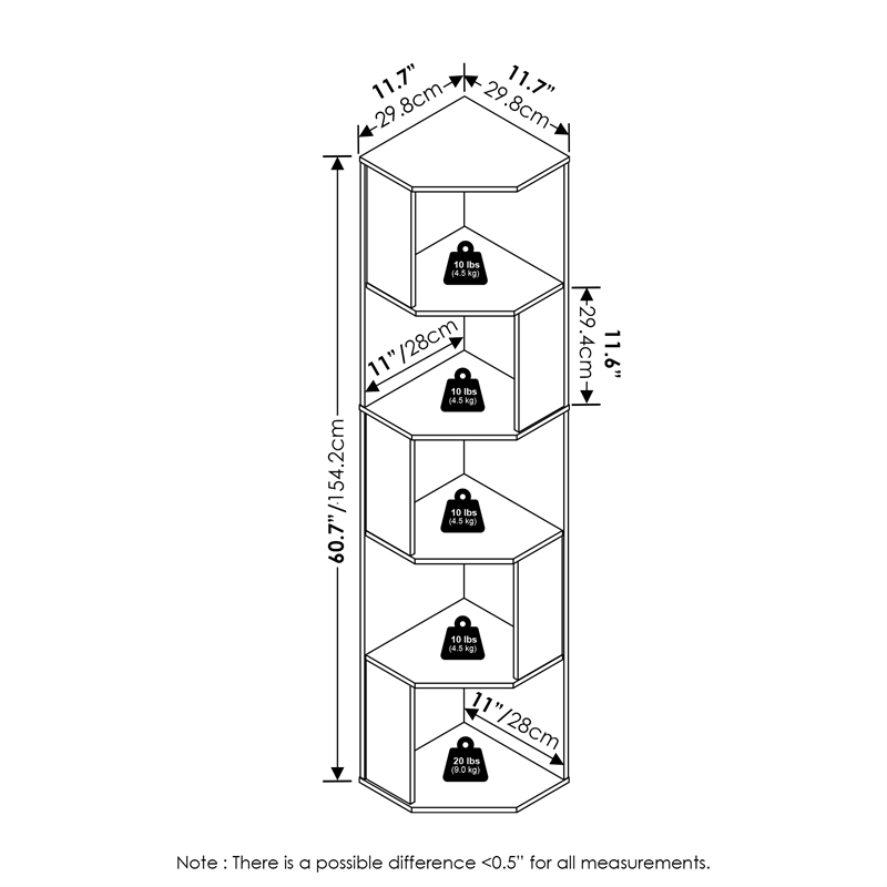 Furinno ECON 5-Tier Freestanding Corner Shelf Bookcase in Bookshelf in White