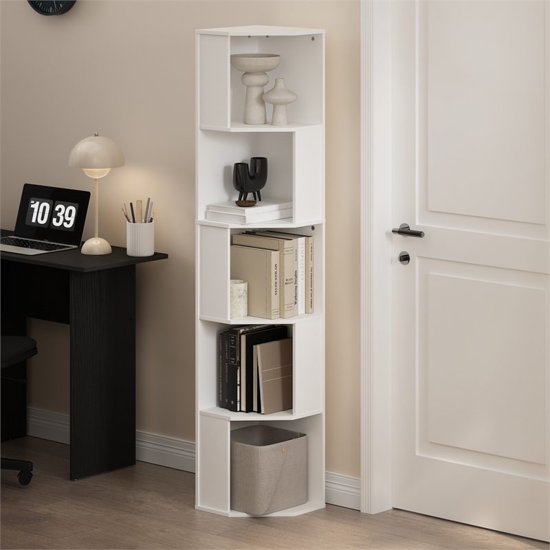 Furinno ECON 5-Tier Freestanding Corner Shelf Bookcase in Bookshelf in White