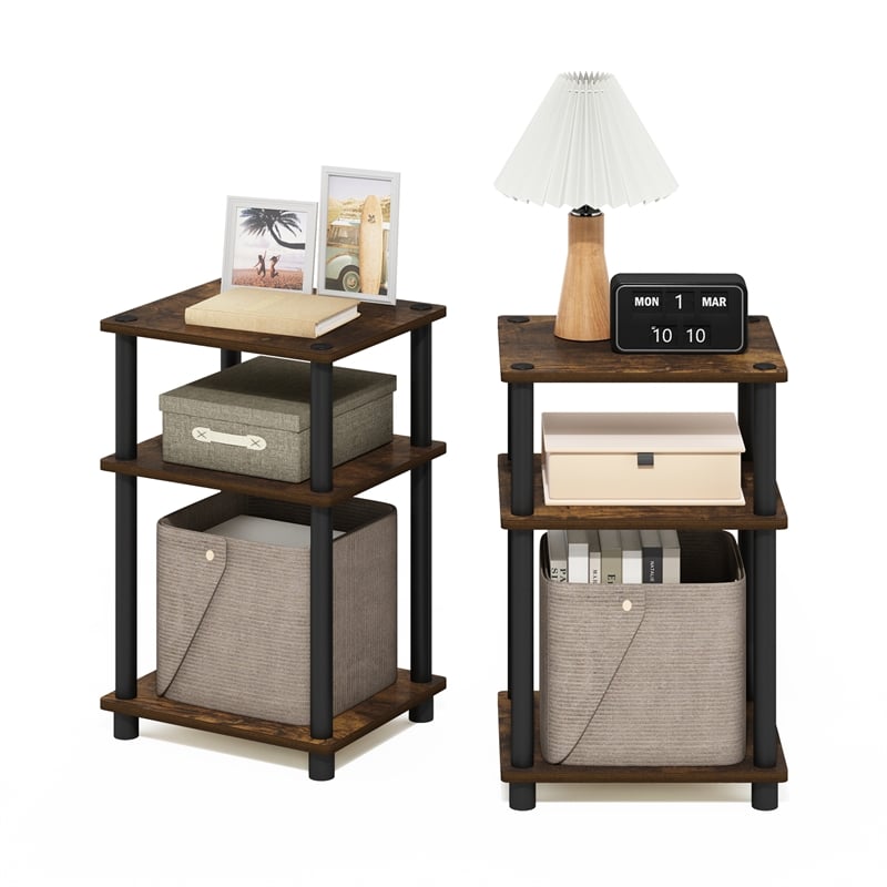 Furinno JUST 3-Tier Turn-N-Tube End Table in 2-Pack in Amber Pine/Black