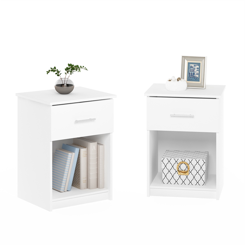 Furinno Tidur Nightstand with Handle with One Drawer in Set of 2 in Solid White