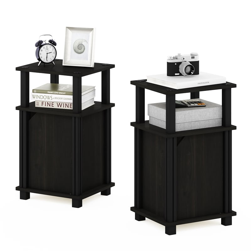 Furinno JUST 3-Tier End Table with Door Set of 2 in Espresso/Black