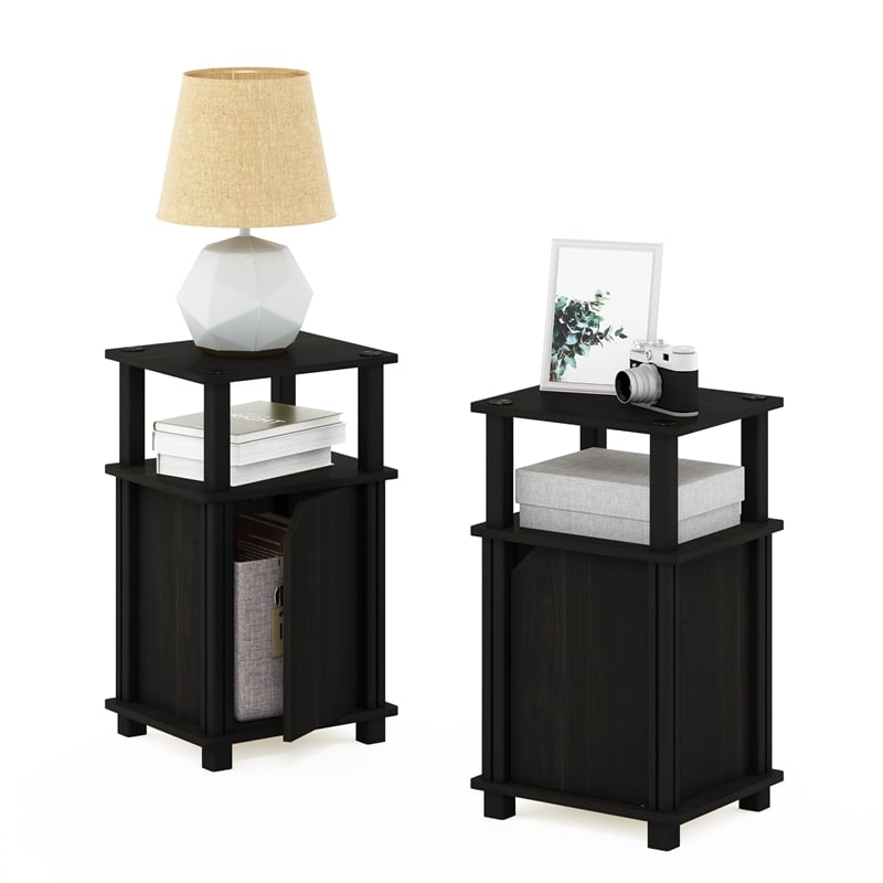 Furinno JUST 3-Tier End Table with Door Set of 2 in Espresso/Black