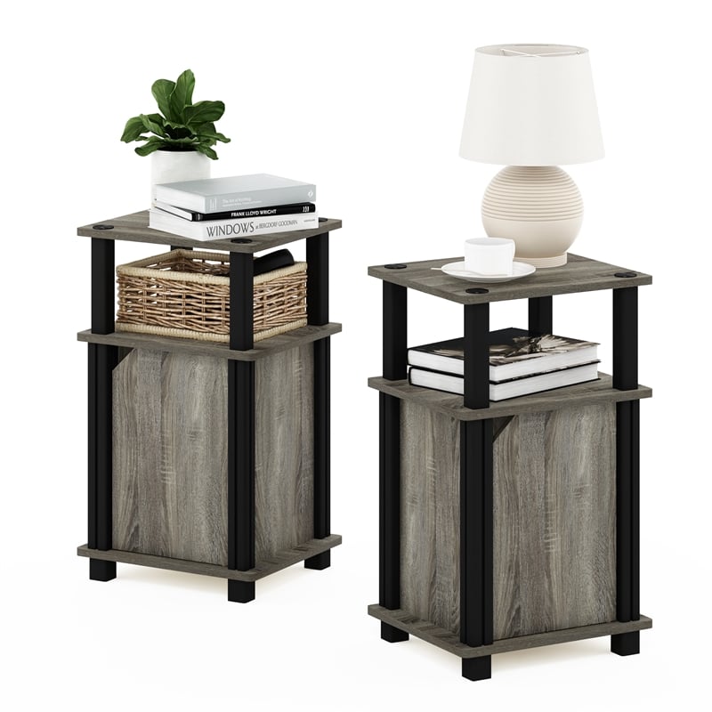 Furinno JUST 3-Tier End Table with Door Set of 2 in French Oak/Black
