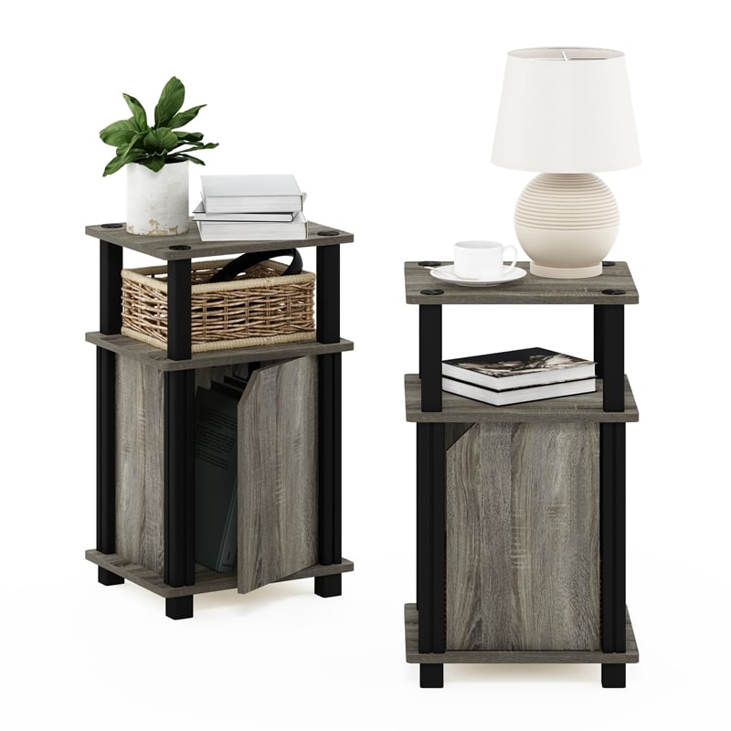 Furinno JUST 3-Tier End Table with Door Set of 2 in French Oak/Black