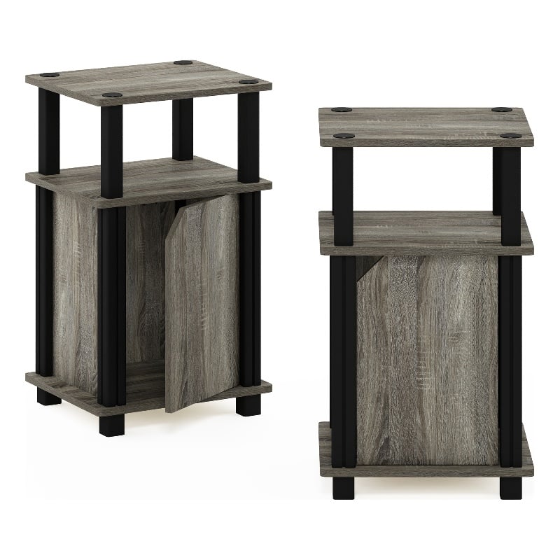 Furinno JUST 3-Tier End Table with Door Set of 2 in French Oak/Black