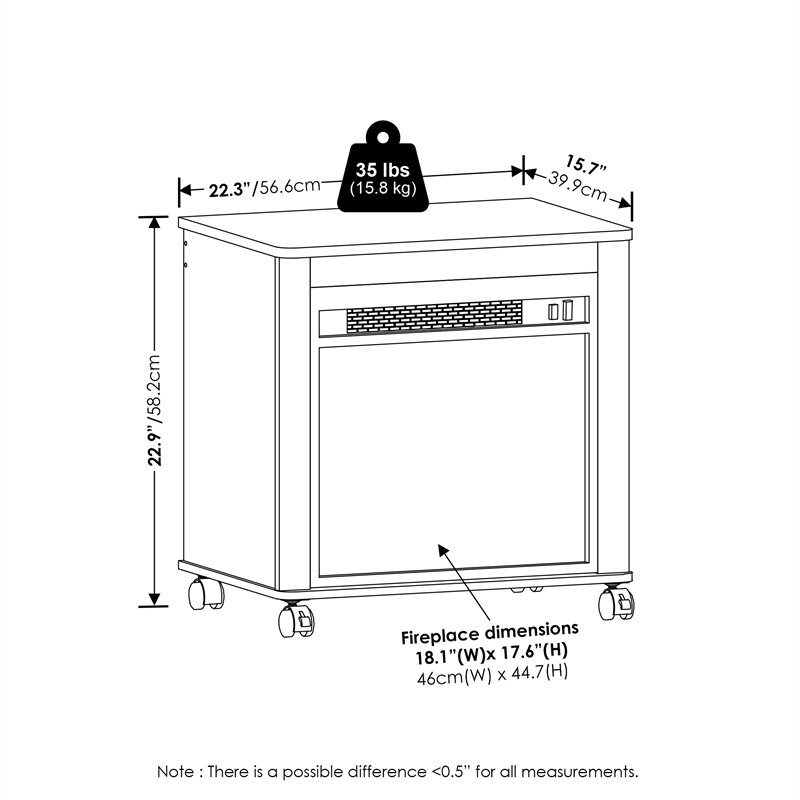 Furinno JENSEN Electric Fireplace End Table with Wheels in Americano