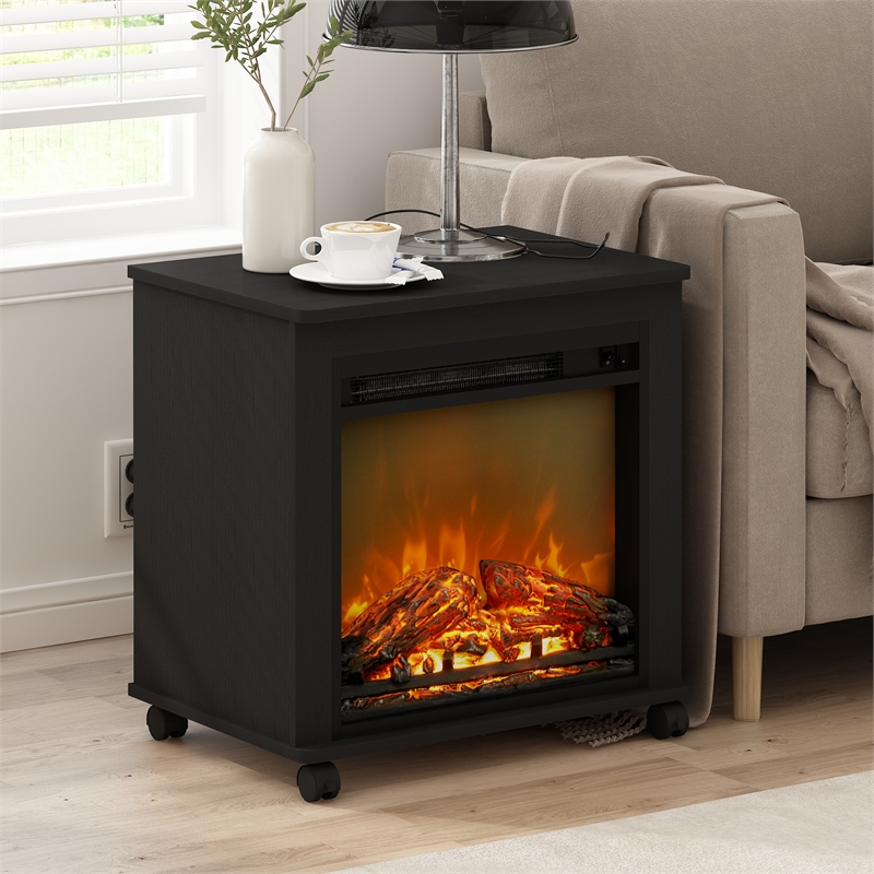 Furinno JENSEN Electric Fireplace End Table with Wheels in Americano