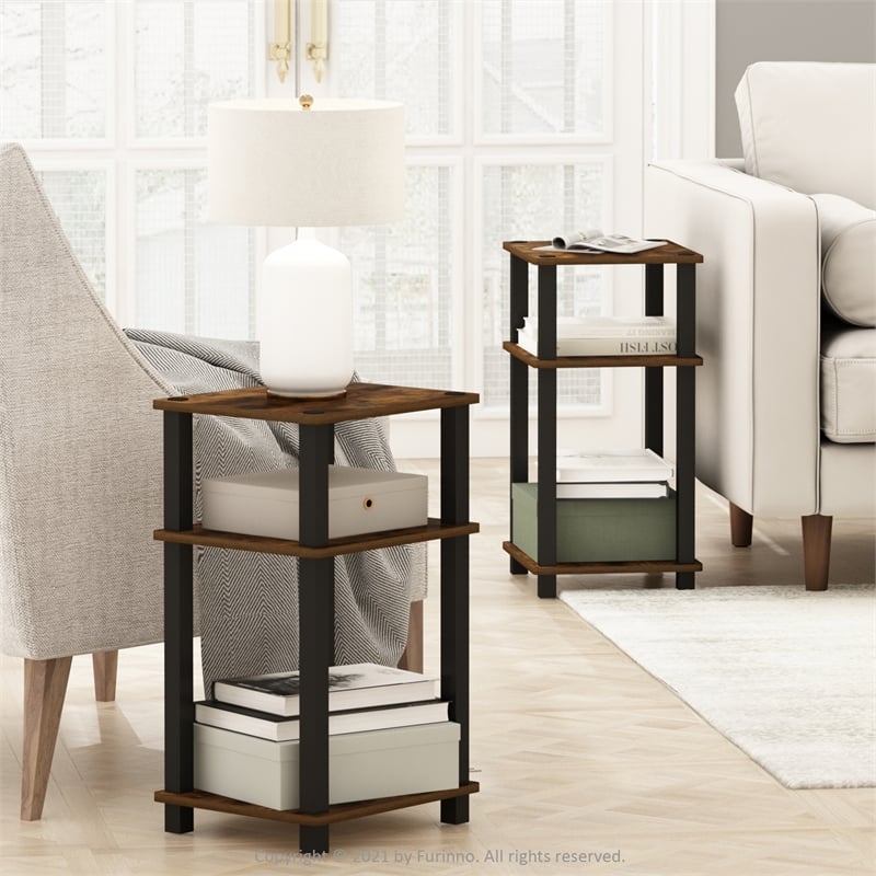 Furinno JUST 3-Tier Turn-N-Tube End Table in 2-Pack in Amber Pine/Black