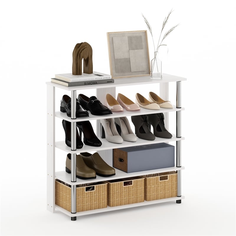 Furinno TURN-N-TUBE 5 Tier Wide Shoe Rack in White Oak in Stainless Steel Tubes