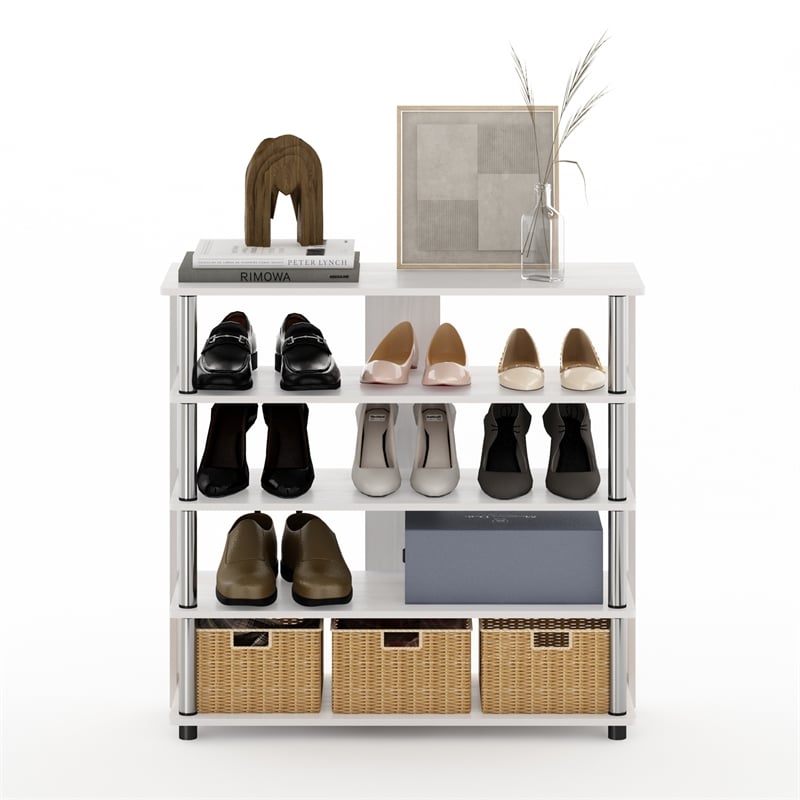 Furinno TURN-N-TUBE 5 Tier Wide Shoe Rack in White Oak in Stainless Steel Tubes