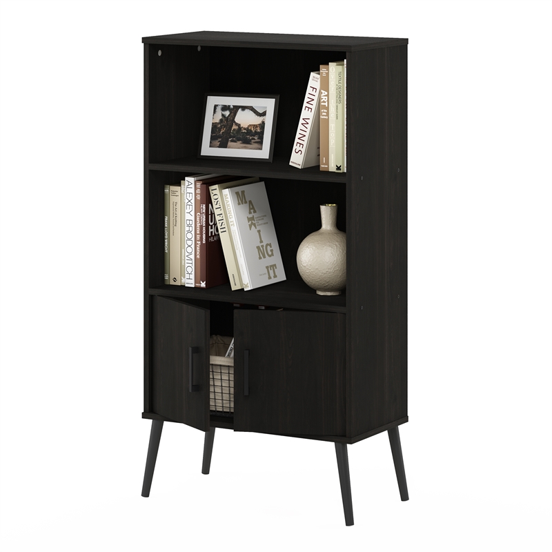 Furinno Claude Mid Century Style Accent Cabinet with Wood Legs in Espresso