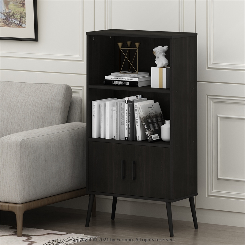 Furinno Claude Mid Century Style Accent Cabinet with Wood Legs in Espresso