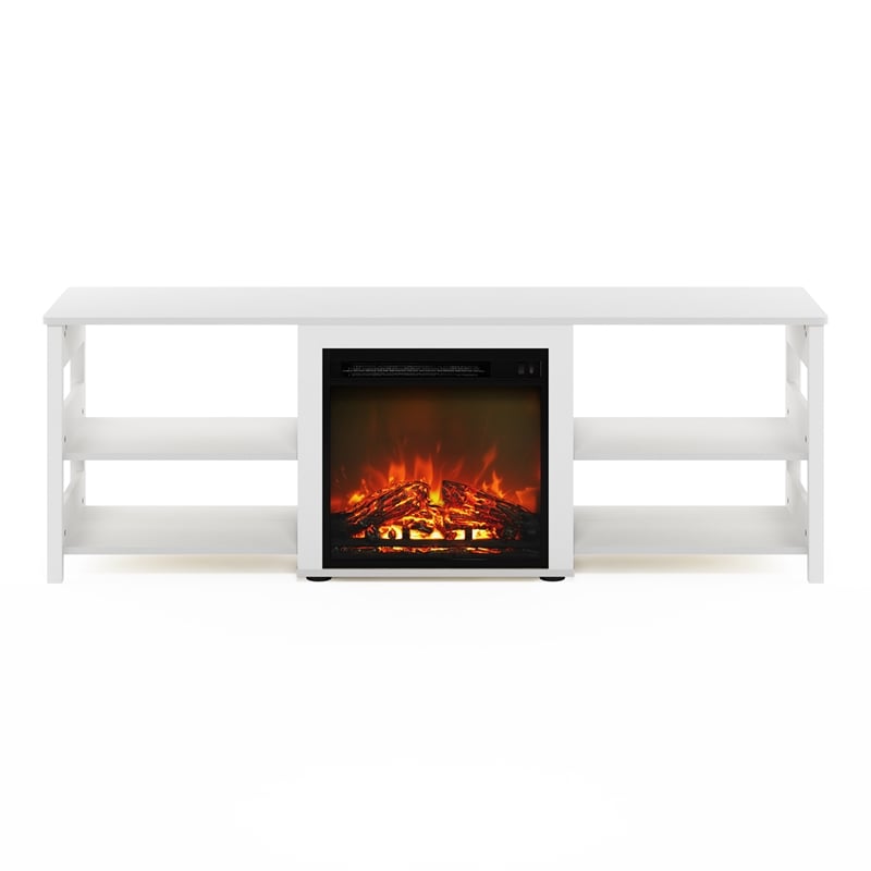 Furinno CLASSIC 70 Inch TV Stand with Fireplace in White Emboss