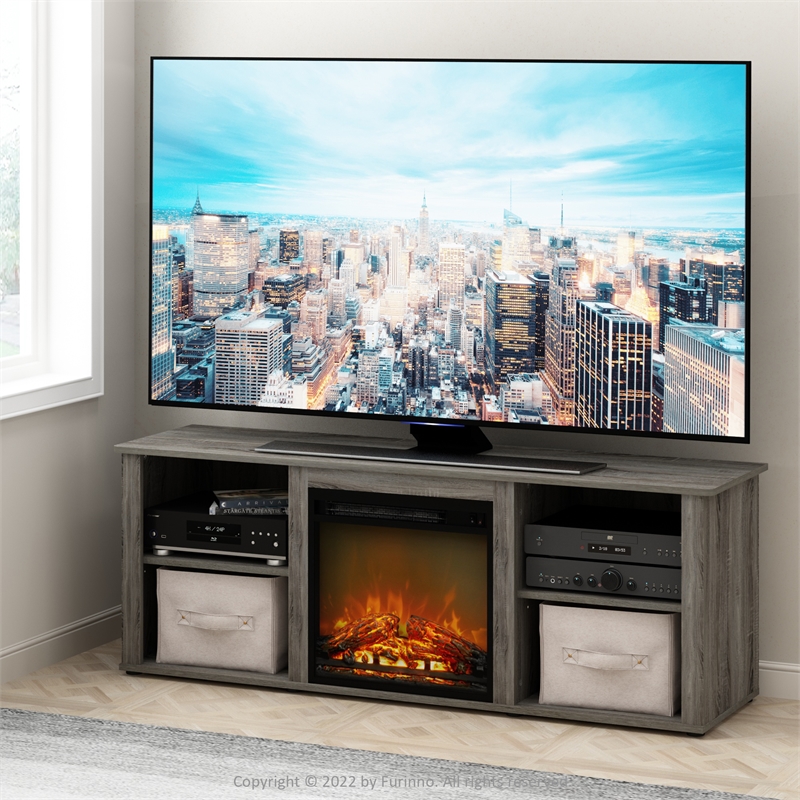 Furinno Classic 60 Inch TV Stand with Fireplace in French Oak Grey