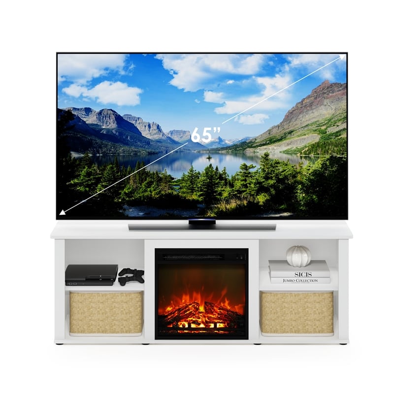 Furinno CLASSIC 60 Inch TV Stand with Fireplace in Solid White