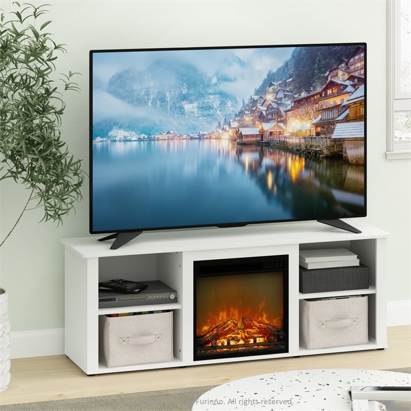 Furinno CLASSIC 60 Inch TV Stand with Fireplace in Solid White