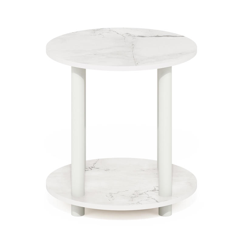 Furinno TURN-N-TUBE 2-Tier Round Wooden End Table in Marble White