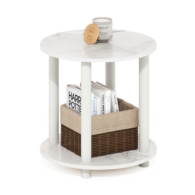 Furinno TURN-N-TUBE 2-Tier Round Wooden End Table in Marble White