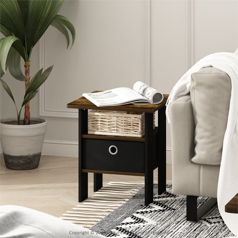 Furinno ANDREY End Table Nightstand with Bin Drawer in Amber Pine/Black