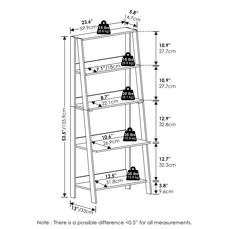 Furinno Ladder Bookcase Display Shelf in 5-Tier in White