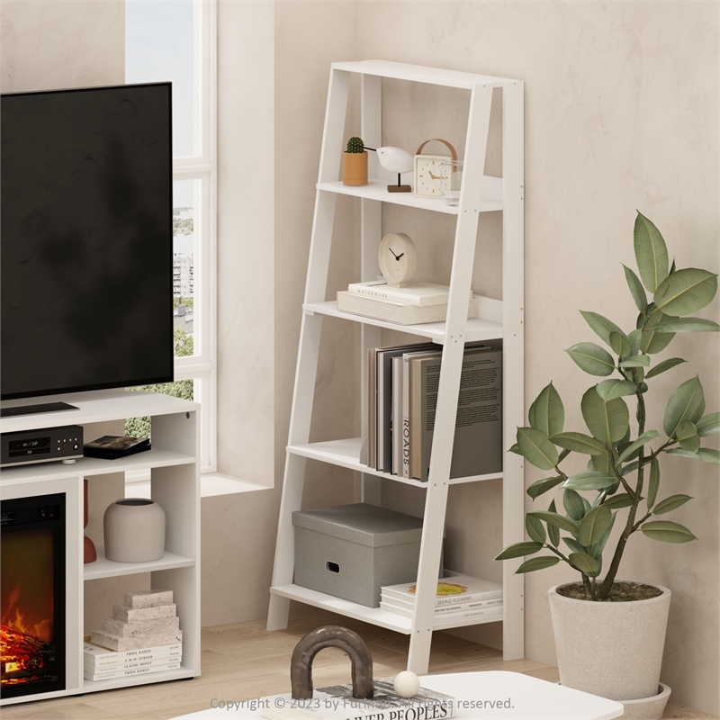 Furinno Ladder Bookcase Display Shelf in 5-Tier in White