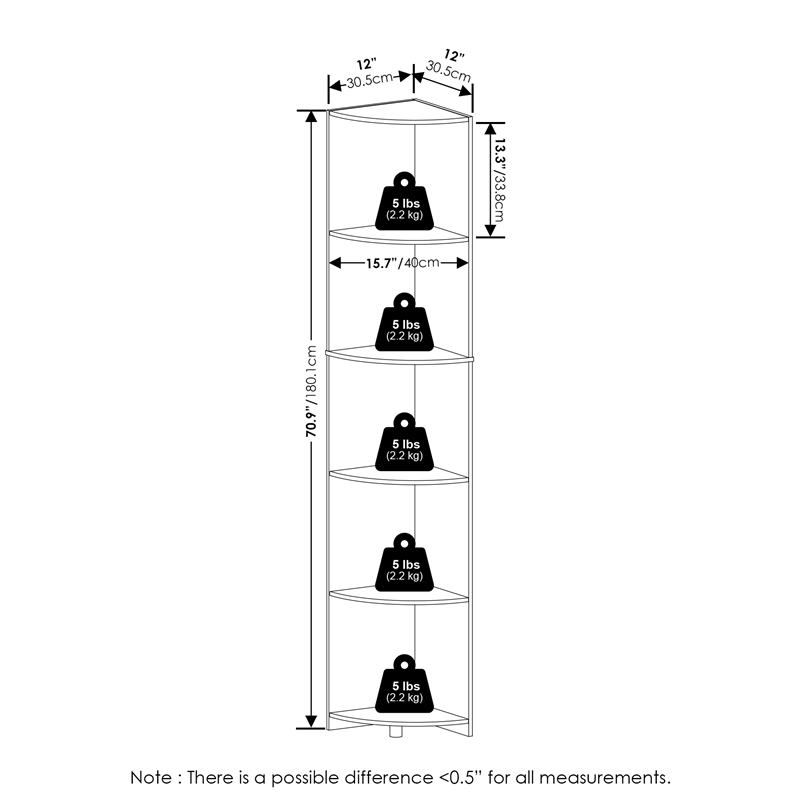 Furinno ECON 5-Tier Corner Shelf Bookcase in Bookshelf in White