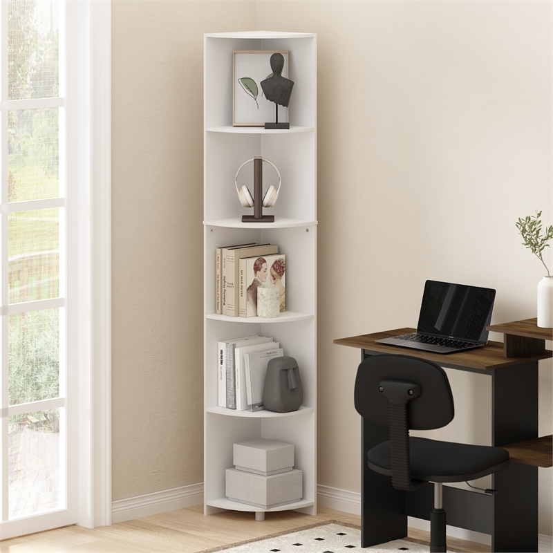 Furinno ECON 5-Tier Corner Shelf Bookcase in Bookshelf in White