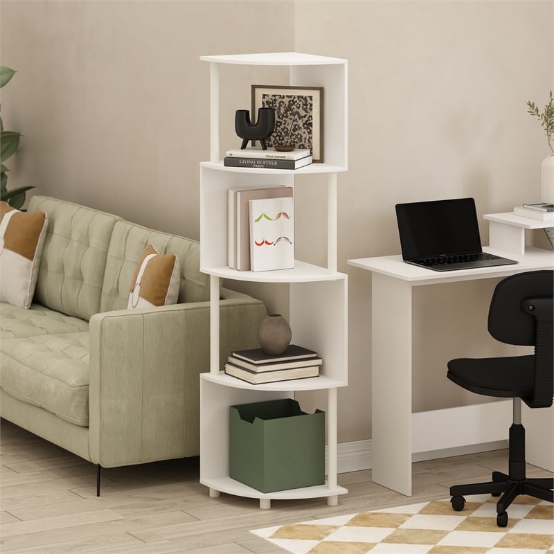 Furinno ECON 4-Tier Zigzag Corner Shelf Bookcase in Bookshelf in White/White