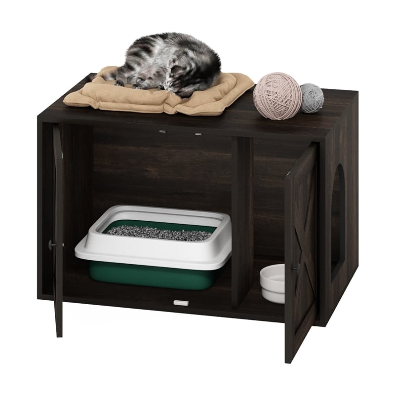 Furinno PELI Farmhouse Cat Litter Box Enclosure in Ebony