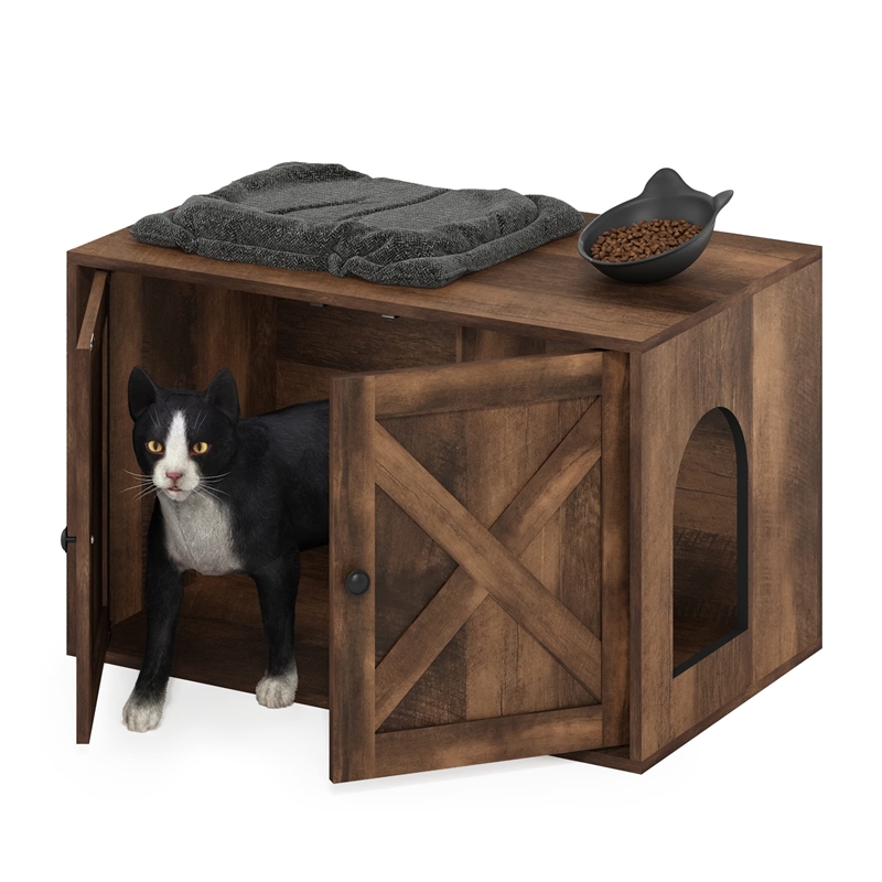 Furinno PELI Farmhouse Cat Litter Box Enclosure in Rustic Brown