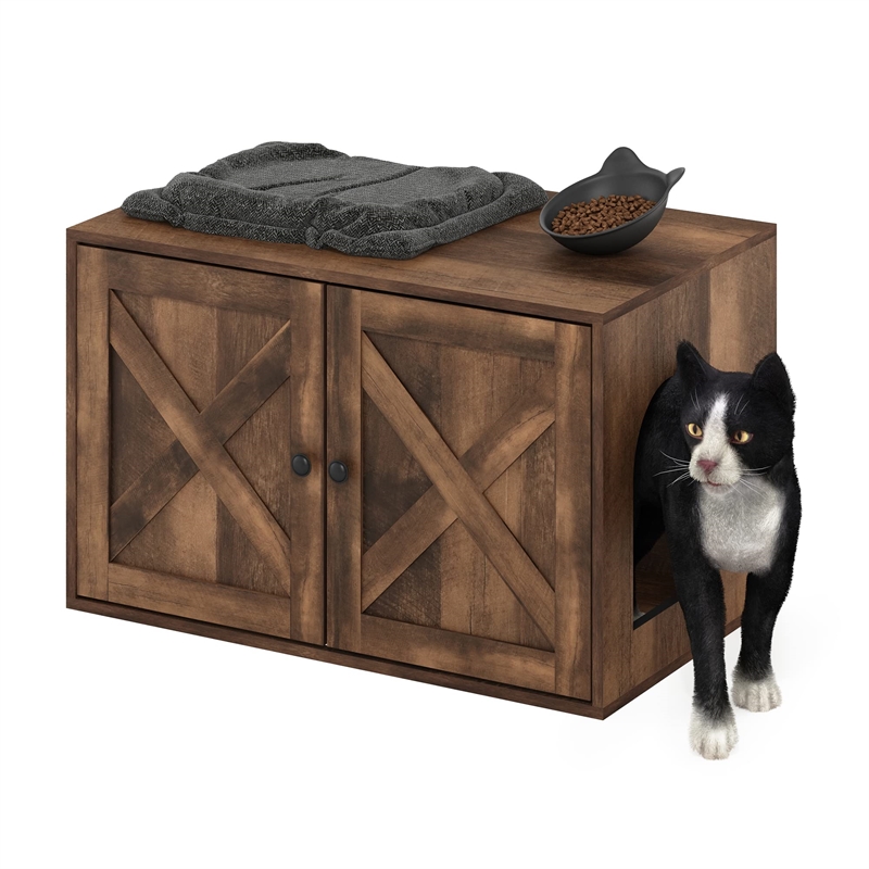Furinno PELI Farmhouse Cat Litter Box Enclosure in Rustic Brown