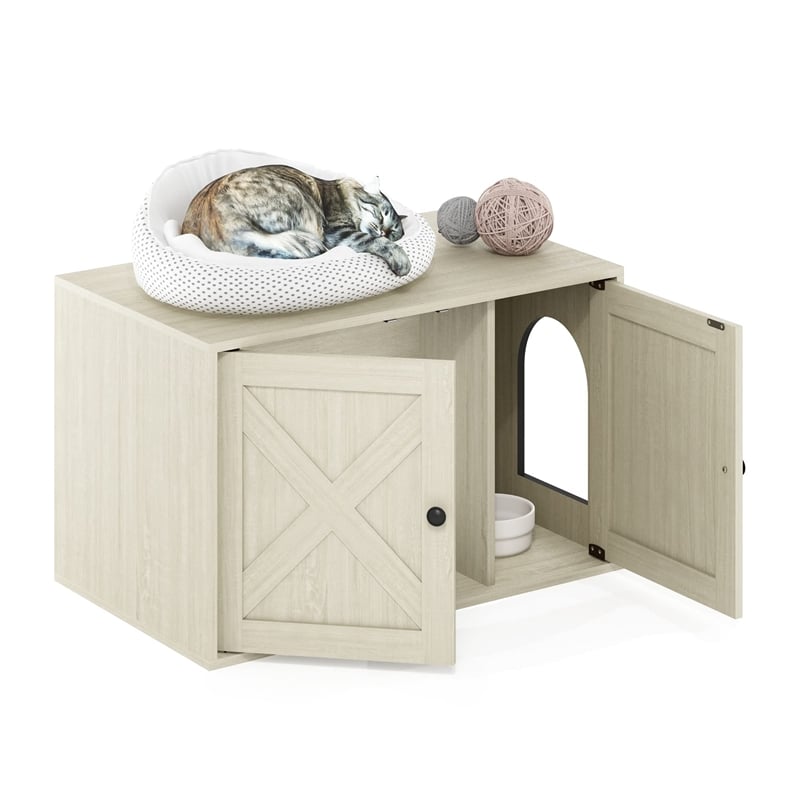 Furinno PELI Farmhouse Cat Litter Box Enclosure in White Wash