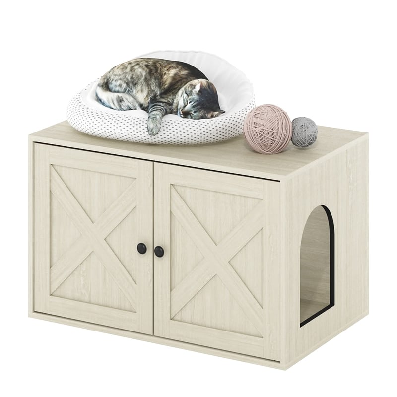 Furinno PELI Farmhouse Cat Litter Box Enclosure in White Wash