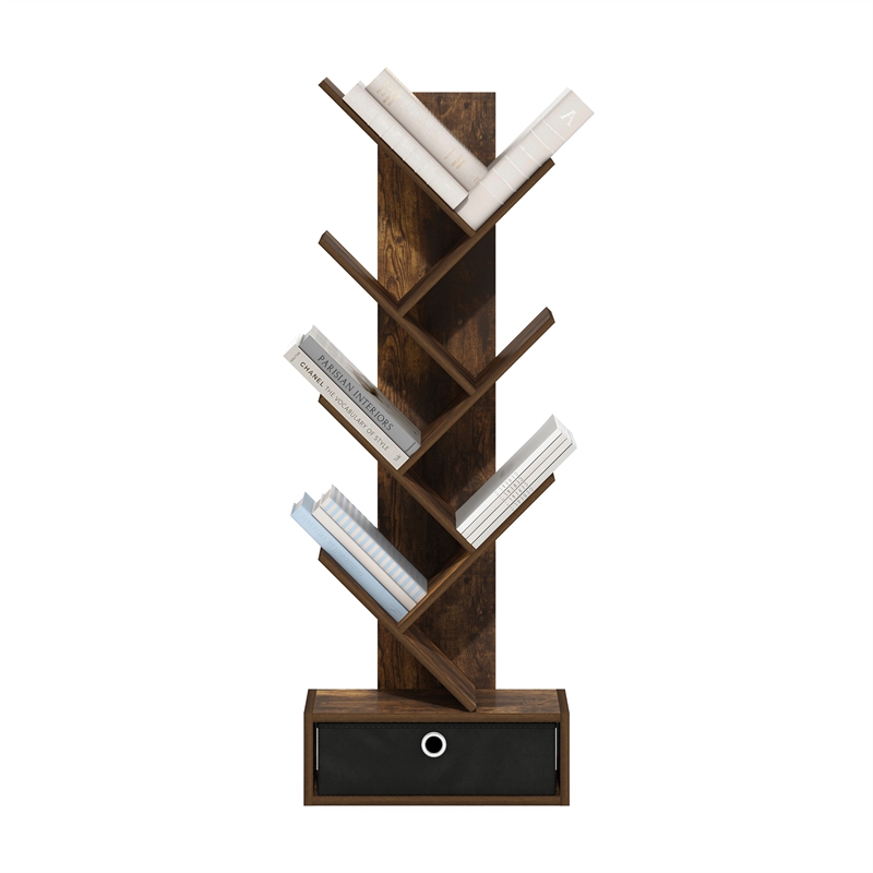Furinno Tree Bookshelf 7-Tier Floor Standing Tree Bookcase with Amber Pine/Black