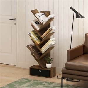 Furinno Tree Bookshelf 7-Tier Floor Standing Tree Bookcase with Amber Pine/Black