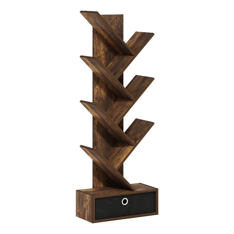Furinno Tree Bookshelf 7-Tier Floor Standing Tree Bookcase with Amber Pine/Black