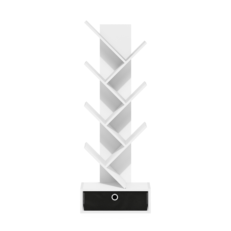 Furinno Tree Bookshelf 7-Tier Floor Standing Tree Bookcase with Bin White/Black