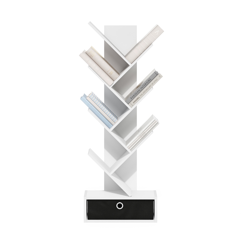 Furinno Tree Bookshelf 7-Tier Floor Standing Tree Bookcase with Bin White/Black