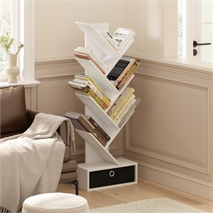Furinno Tree Bookshelf 7-Tier Floor Standing Tree Bookcase with Bin White/Black