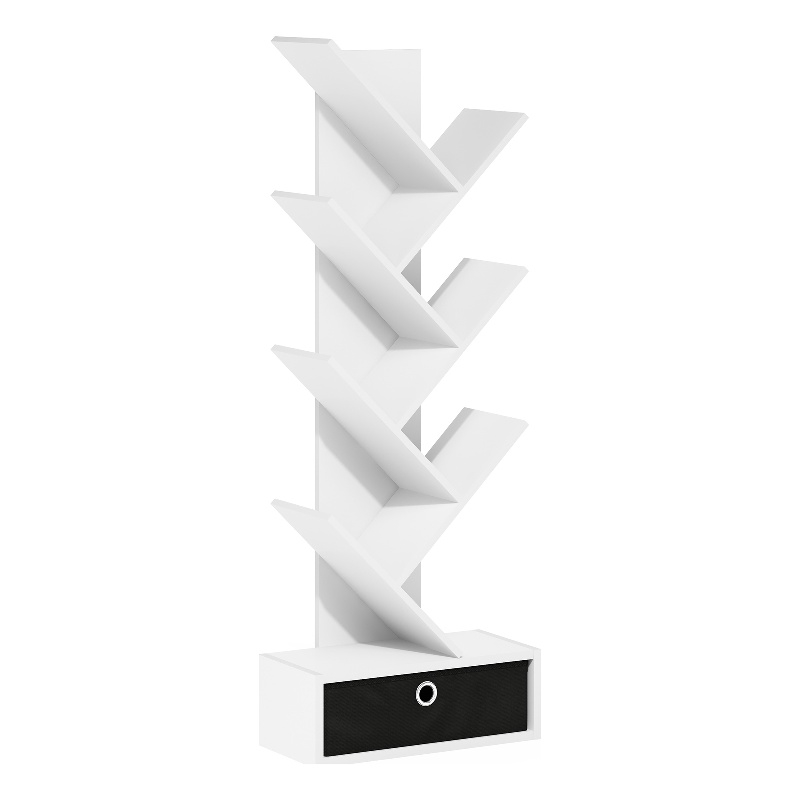 Furinno Tree Bookshelf 7-Tier Floor Standing Tree Bookcase with Bin White/Black