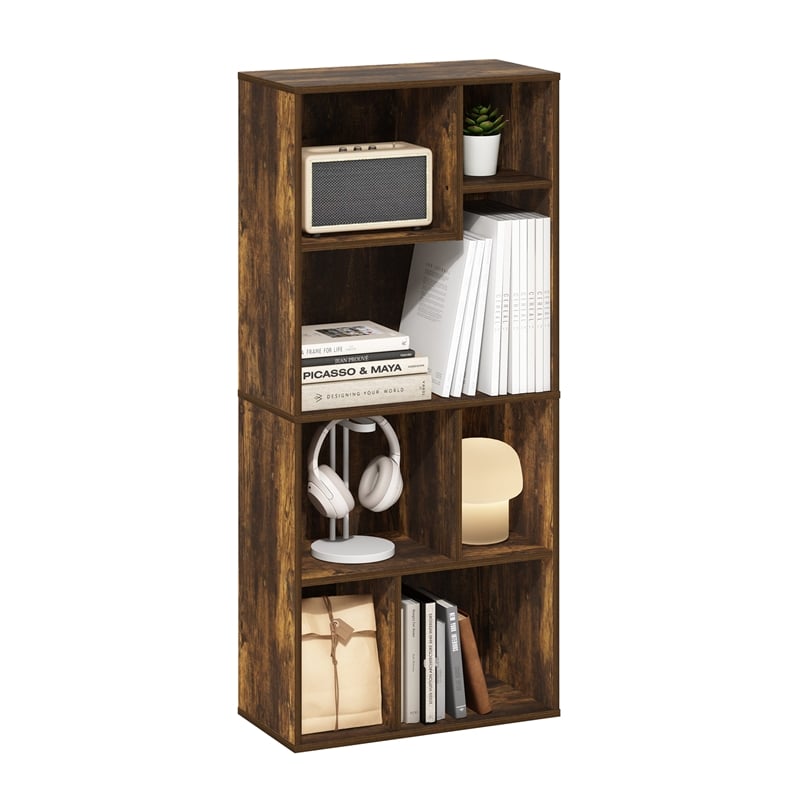 Furinno DALY 7-Cube Irregular Cubes Bookcase in Bookshelf in Storage Amber Pine
