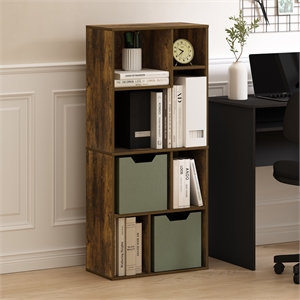 Furinno Daly 7-Cube Irregular Cubes Bookcase in Bookshelf in Storage Amber Pine
