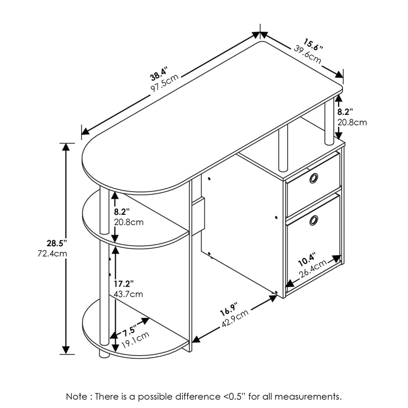 Furinno JAYA SIMPLISTIC Computer Study Desk with Bin Stainless Steel Tubes