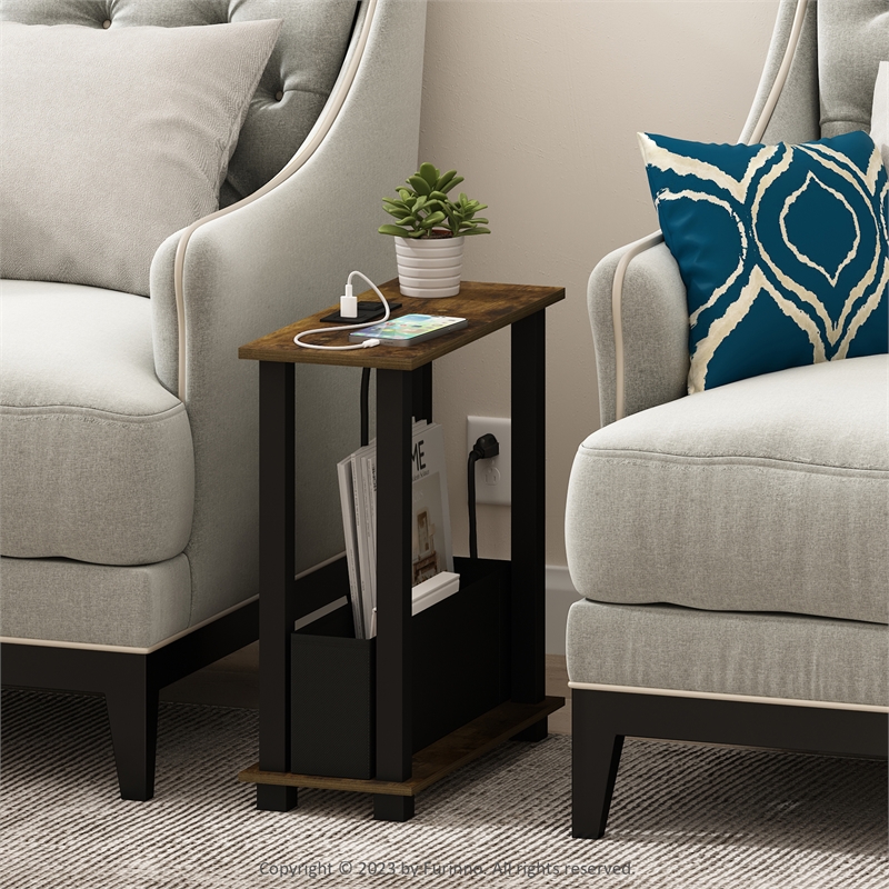 Furinno TURN-S-TUBE 2-Tier Slim Side Table in End Table Amber Pine/Black/Black