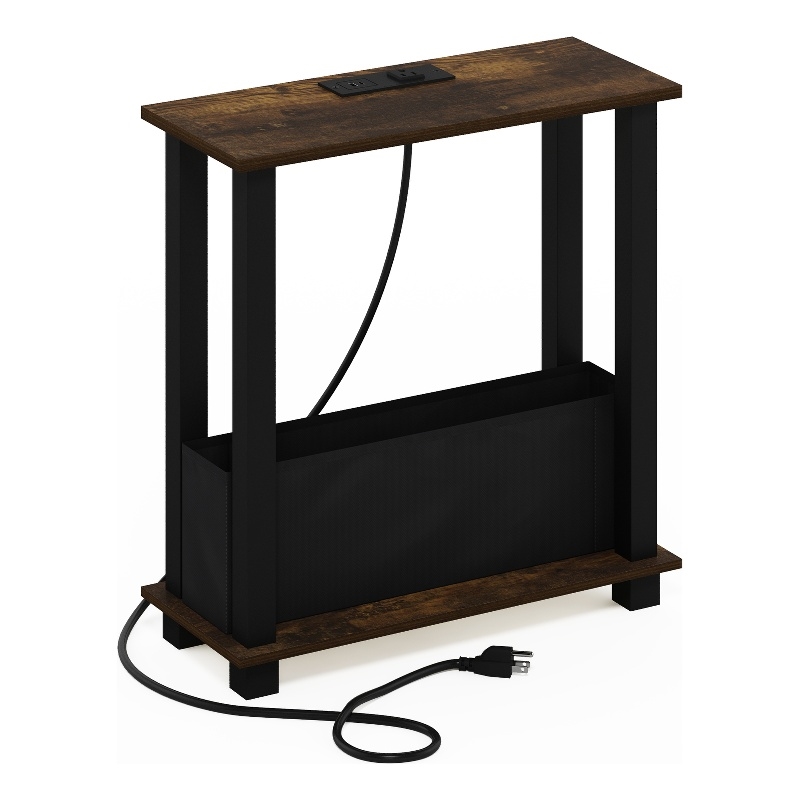 Furinno TURN-S-TUBE 2-Tier Slim Side Table in End Table Amber Pine/Black/Black