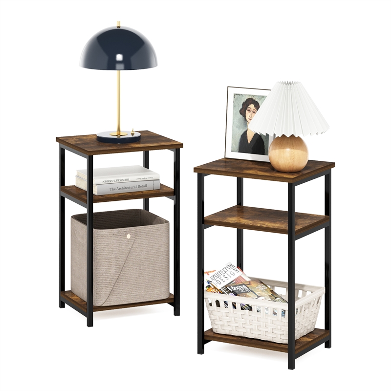 Furinno JUST 3-Tier Industrial Metal Frame End Table with Storage Amber Pine