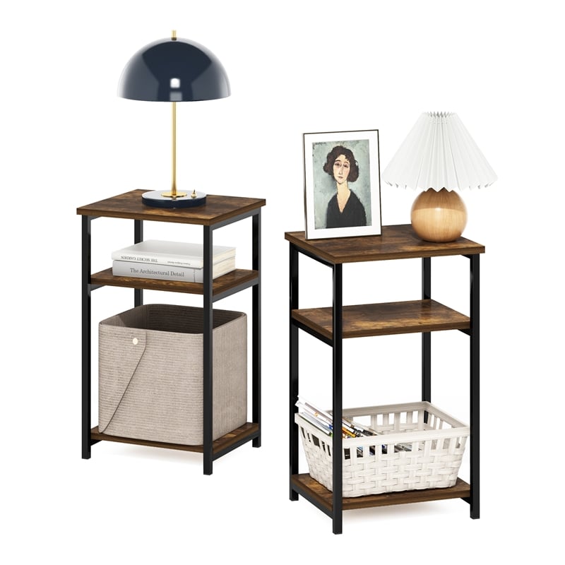 Furinno JUST 3-Tier Industrial Metal Frame End Table with Storage Amber Pine