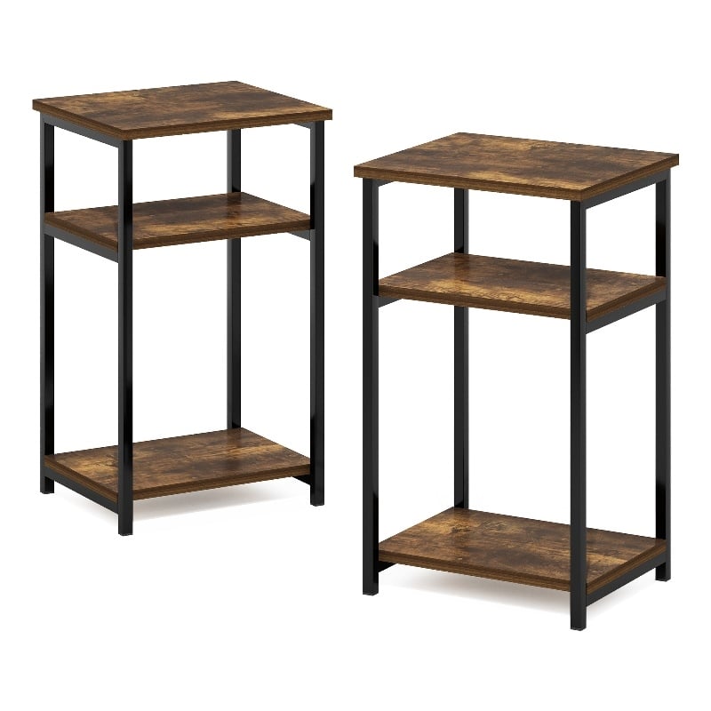 Furinno JUST 3-Tier Industrial Metal Frame End Table with Storage Amber Pine