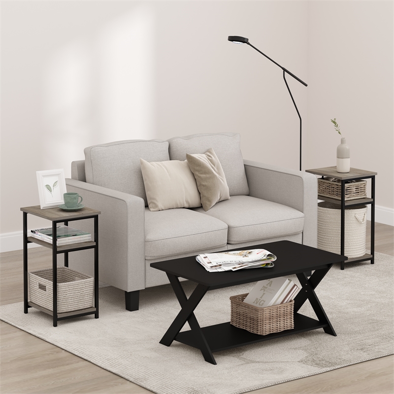 Furinno JUST 3-Tier Industrial Metal Frame End Table with Storage French Oak